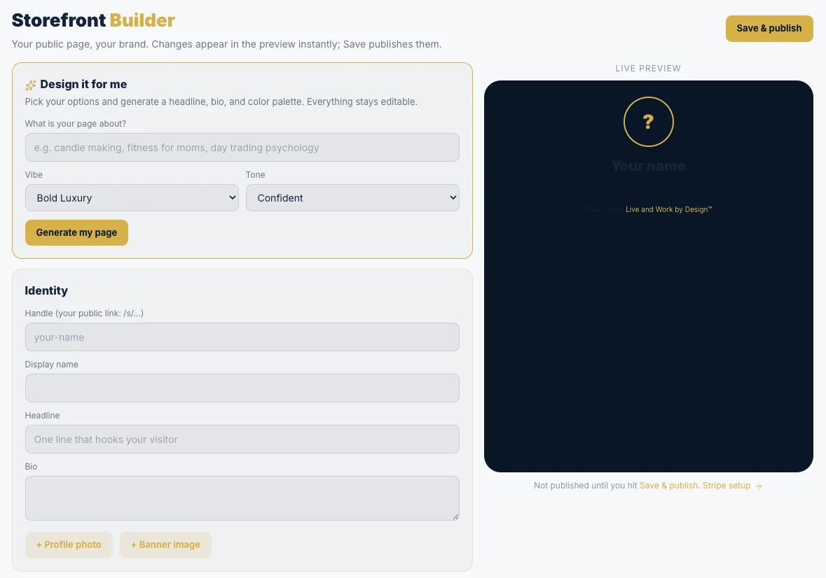 The Link In Bio Storefront builder with live preview